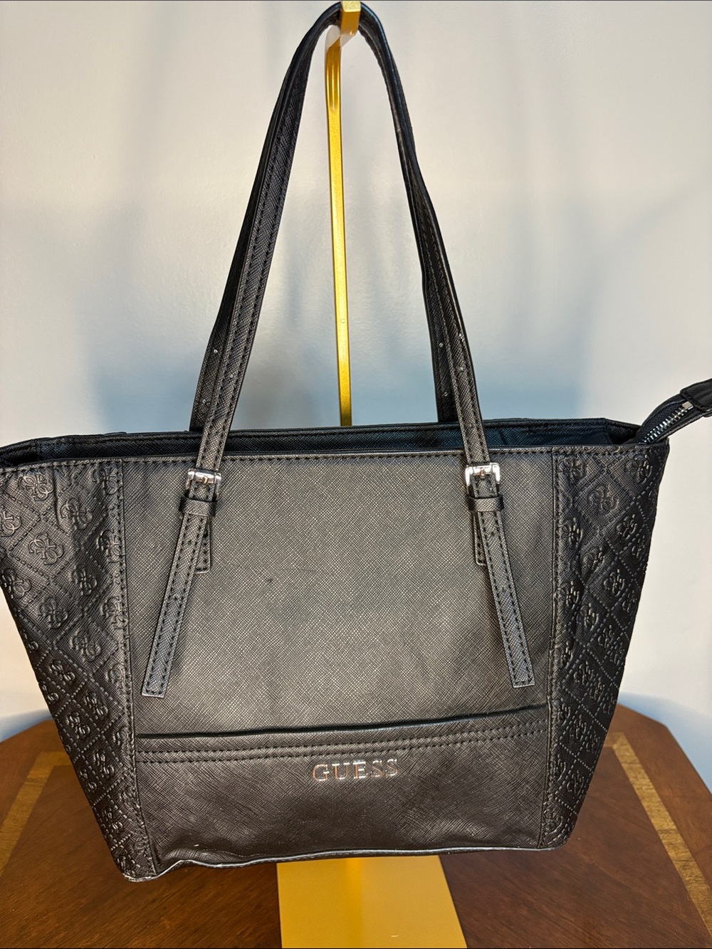 GUESS Black Embossed Tote Bag with Shoulder Straps